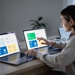 Une femme compare des forfaits mobiles sur un smartphone et un ordinateur, avec une interface de prix et des indicateurs de réseau 5G, dans un bureau lumineux en France.