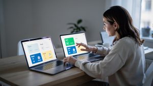 Une femme compare des forfaits mobiles sur un smartphone et un ordinateur, avec une interface de prix et des indicateurs de réseau 5G, dans un bureau lumineux en France.