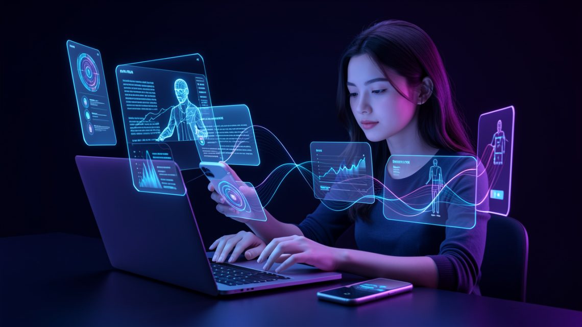 Illustration high-tech d’une jeune femme utilisant plusieurs assistants d’intelligence artificielle sur un ordinateur portable et un smartphone, avec des interfaces lumineuses dans des tons bleus et violets.
