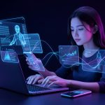Quels sont les 7 meilleurs assistants d’intelligence artificielle en 2026 ? Illustration high-tech d’une jeune femme utilisant plusieurs assistants d’intelligence artificielle sur un ordinateur portable et un smartphone, avec des interfaces lumineuses dans des tons bleus et violets.