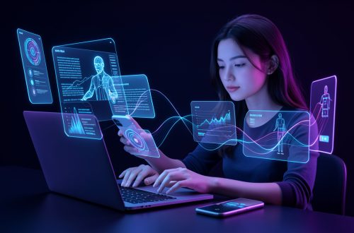 Illustration high-tech d’une jeune femme utilisant plusieurs assistants d’intelligence artificielle sur un ordinateur portable et un smartphone, avec des interfaces lumineuses dans des tons bleus et violets.