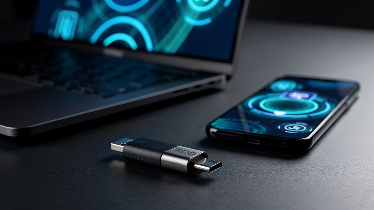 Gros plan sur une clé de sécurité FIDO2 placée à côté d’un ordinateur portable professionnel et d’un smartphone, dans un environnement moderne de cybersécurité avec des éléments lumineux évoquant le contrôle des accès.