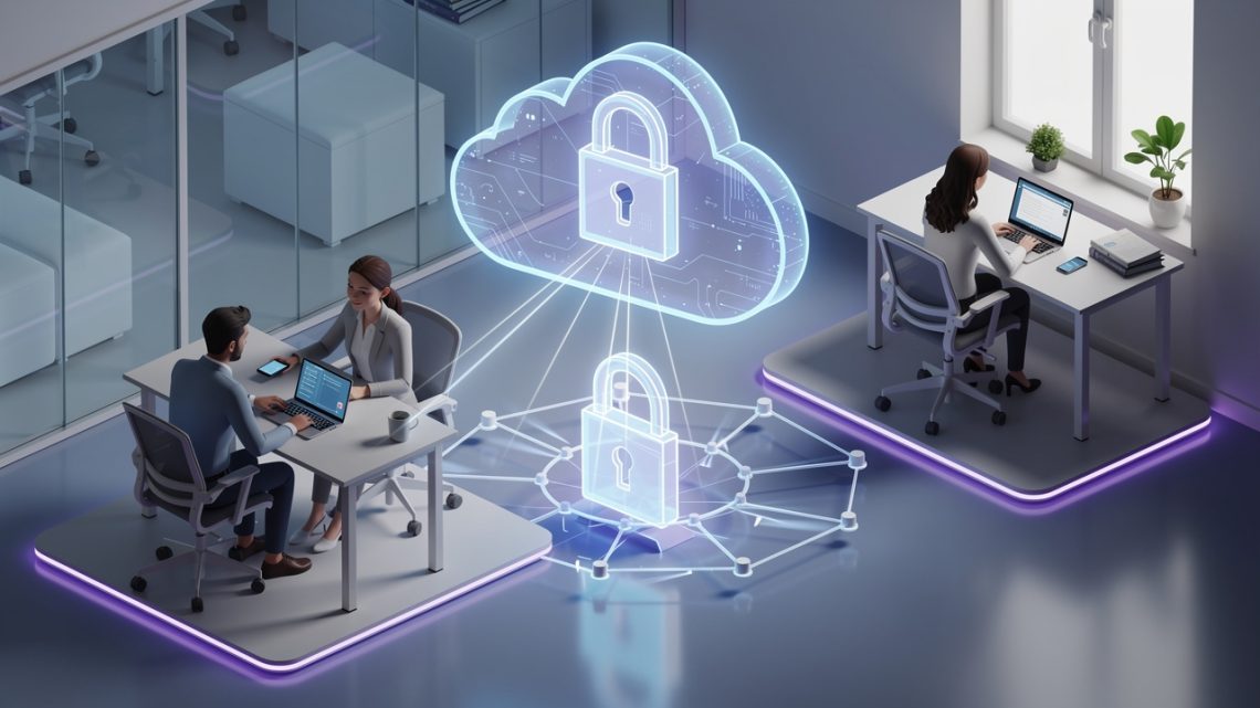 Illustration isométrique bleue et violette d’une entreprise hybride reliant des collaborateurs au bureau et en télétravail באמצעות un cloud, des ordinateurs, des smartphones et un cadenas symbolisant la gestion centralisée des identités.