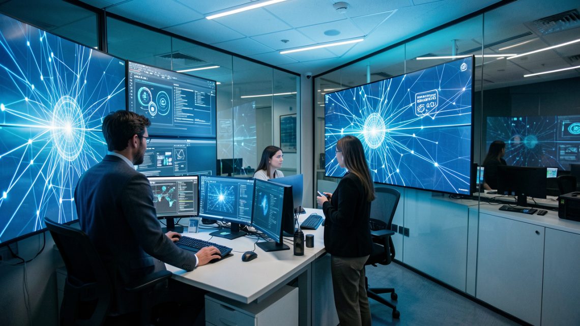 Une équipe composée de deux hommes et de deux femmes collabore dans un centre moderne de cybersécurité devant des écrans affichant des visualisations abstraites de réseaux numériques bleus.
