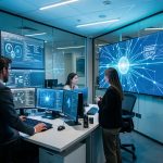 Mise en place Zero Trust en entreprise : le guide pratique Une équipe composée de deux hommes et de deux femmes collabore dans un centre moderne de cybersécurité devant des écrans affichant des visualisations abstraites de réseaux numériques bleus.