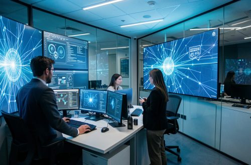 Une équipe composée de deux hommes et de deux femmes collabore dans un centre moderne de cybersécurité devant des écrans affichant des visualisations abstraites de réseaux numériques bleus.