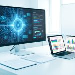 Quels modèles d’IA OpenAI choisir pour un poste de travail high-tech ? Poste de travail high-tech moderne avec grand écran affichant une interface abstraite d’intelligence artificielle, documents vierges, graphiques colorés et ordinateur portable dans une ambiance professionnelle lumineuse.