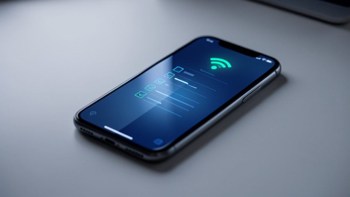 Smartphone moderne sur un bureau minimaliste avec un écran lumineux suggérant le réseau mobile et une checklist abstraite, ambiance high tech et éclairage studio doux.