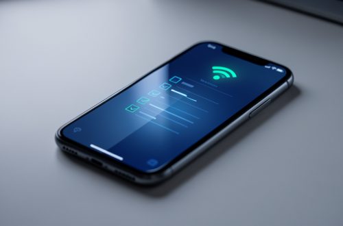 Smartphone moderne sur un bureau minimaliste avec un écran lumineux suggérant le réseau mobile et une checklist abstraite, ambiance high tech et éclairage studio doux.