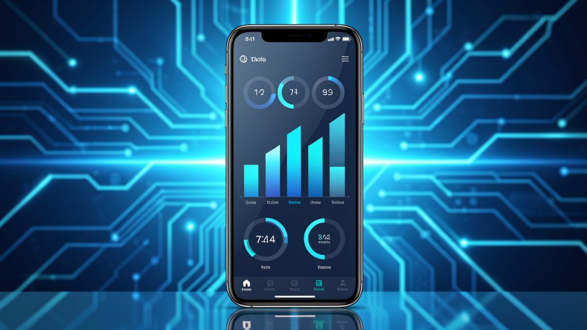 Smartphone moderne affichant une interface épurée de suivi des données mobiles, avec des indicateurs graphiques abstraits sur un fond technologique bleu lumineux.