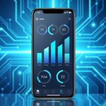 Réduire sa consommation de données mobiles : 10 réglages efficaces Smartphone moderne affichant une interface épurée de suivi des données mobiles, avec des indicateurs graphiques abstraits sur un fond technologique bleu lumineux.
