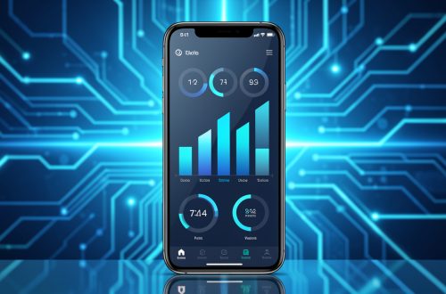 Smartphone moderne affichant une interface épurée de suivi des données mobiles, avec des indicateurs graphiques abstraits sur un fond technologique bleu lumineux.
