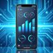 Smartphone moderne affichant une interface épurée de suivi des données mobiles, avec des indicateurs graphiques abstraits sur un fond technologique bleu lumineux.