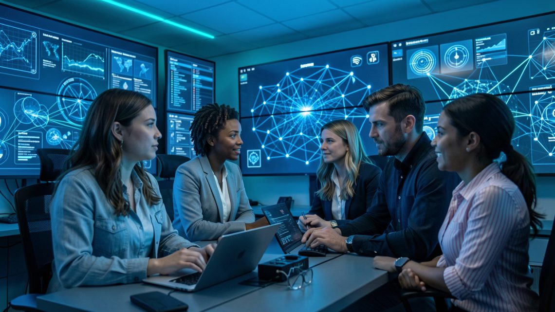 Une équipe informatique composée de deux femmes et d’un homme analyse des visualisations abstraites de cybersécurité dans un centre opérationnel moderne baigné de lumière bleue.
