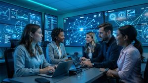 Une équipe informatique composée de deux femmes et d’un homme analyse des visualisations abstraites de cybersécurité dans un centre opérationnel moderne baigné de lumière bleue.