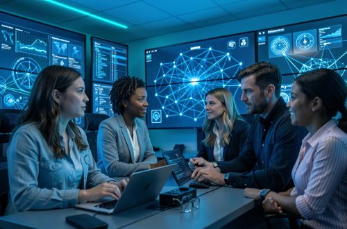Une équipe informatique composée de deux femmes et d’un homme analyse des visualisations abstraites de cybersécurité dans un centre opérationnel moderne baigné de lumière bleue.