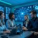 Une équipe informatique composée de deux femmes et d’un homme analyse des visualisations abstraites de cybersécurité dans un centre opérationnel moderne baigné de lumière bleue.