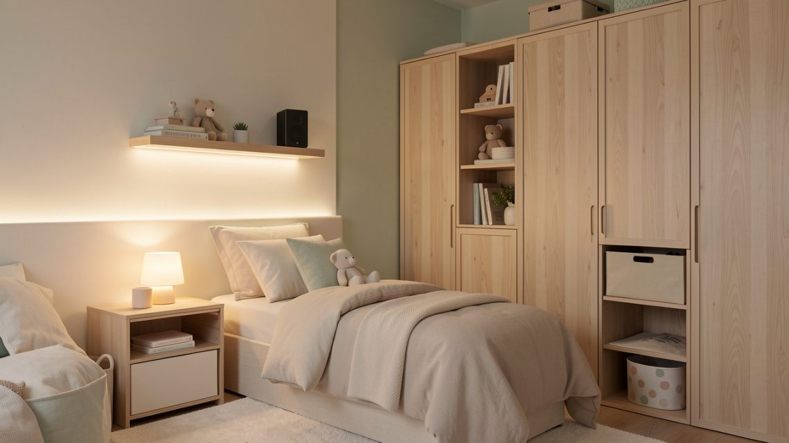Chambre d’enfant moderne et chaleureuse avec éclairage doux, veilleuse, enceinte discrète et rangements en bois naturel.