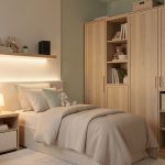 Chambre d’enfant moderne et chaleureuse avec éclairage doux, veilleuse, enceinte discrète et rangements en bois naturel.