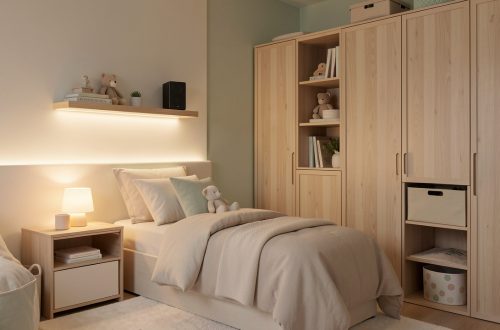 Chambre d’enfant moderne et chaleureuse avec éclairage doux, veilleuse, enceinte discrète et rangements en bois naturel.