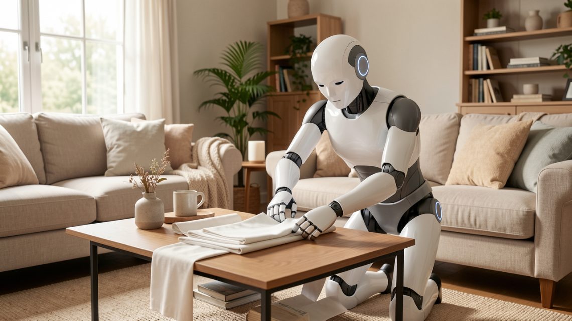 Robot humanoïde moderne pliant des serviettes sur une table basse dans un salon familial baigné de lumière naturelle.