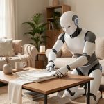Robot humanoïde moderne pliant des serviettes sur une table basse dans un salon familial baigné de lumière naturelle.