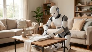 Robot humanoïde moderne pliant des serviettes sur une table basse dans un salon familial baigné de lumière naturelle.