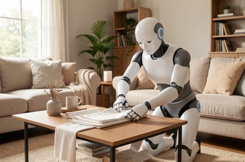Robot humanoïde moderne pliant des serviettes sur une table basse dans un salon familial baigné de lumière naturelle.