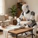Robot humanoïde moderne pliant des serviettes sur une table basse dans un salon familial baigné de lumière naturelle.