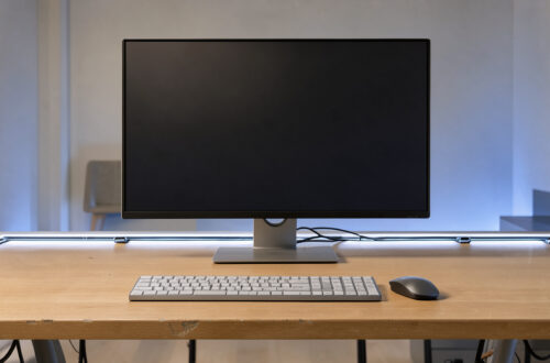 Bureau high-tech ergonomique et lumineux avec écran vierge, clavier minimaliste, câbles soigneusement rangés et ambiance moderne apaisante.