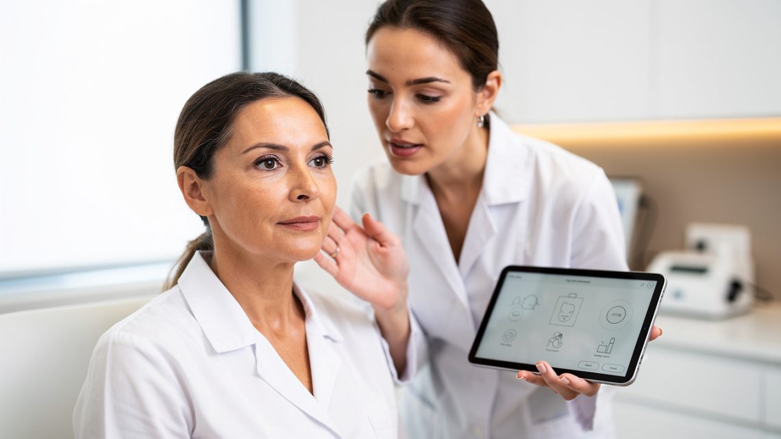 Portrait réaliste d’une femme adulte au visage naturel pendant une consultation de médecine esthétique, avec une médecin analysant ses proportions à l’aide d’une tablette dans un cabinet moderne éclairé doucement.