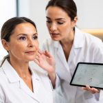 Pourquoi privilégier une approche esthétique mesurée ? Portrait réaliste d’une femme adulte au visage naturel pendant une consultation de médecine esthétique, avec une médecin analysant ses proportions à l’aide d’une tablette dans un cabinet moderne éclairé doucement.