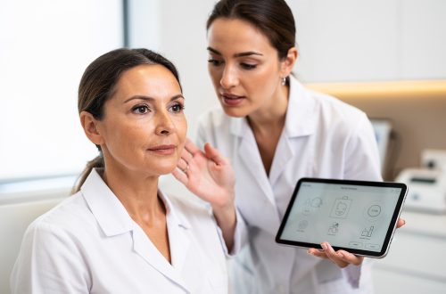 Portrait réaliste d’une femme adulte au visage naturel pendant une consultation de médecine esthétique, avec une médecin analysant ses proportions à l’aide d’une tablette dans un cabinet moderne éclairé doucement.