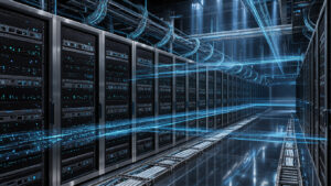 Illustration futuriste d’un data center moderne avec des serveurs reliés par des faisceaux lumineux bleus, des fibres optiques et des flux de données à haut débit.