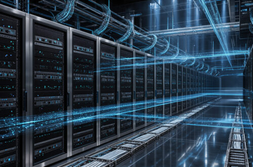 Illustration futuriste d’un data center moderne avec des serveurs reliés par des faisceaux lumineux bleus, des fibres optiques et des flux de données à haut débit.