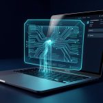 Quelles IA choisir pour éviter surveillance et nouveau fascisme numérique ? Ordinateur portable moderne exécutant une intelligence artificielle locale, avec des flux de données protégés par un bouclier numérique lumineux dans une ambiance sobre et réaliste.