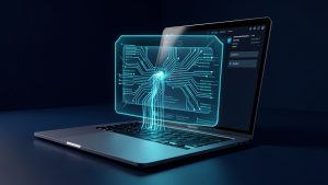Ordinateur portable moderne exécutant une intelligence artificielle locale, avec des flux de données protégés par un bouclier numérique lumineux dans une ambiance sobre et réaliste.