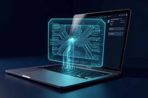 Ordinateur portable moderne exécutant une intelligence artificielle locale, avec des flux de données protégés par un bouclier numérique lumineux dans une ambiance sobre et réaliste.