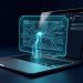 Ordinateur portable moderne exécutant une intelligence artificielle locale, avec des flux de données protégés par un bouclier numérique lumineux dans une ambiance sobre et réaliste.