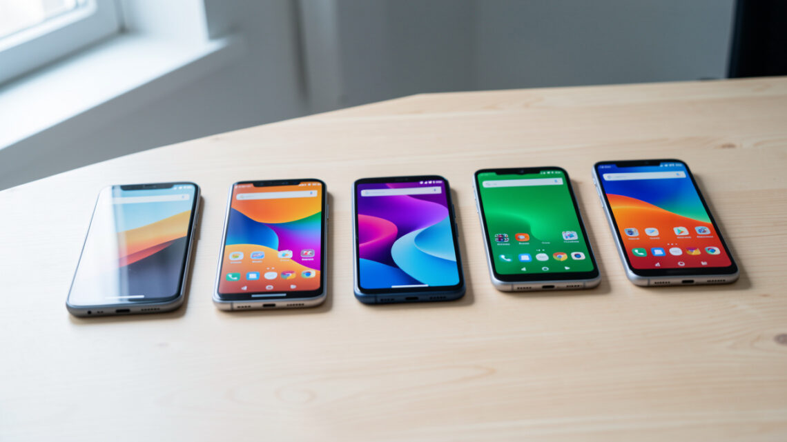 Plusieurs smartphones d’entrée de gamme alignés sur une table claire, avec des écrans allumés affichant des interfaces colorées abstraites dans une ambiance de comparatif high-tech.