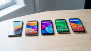 Plusieurs smartphones d’entrée de gamme alignés sur une table claire, avec des écrans allumés affichant des interfaces colorées abstraites dans une ambiance de comparatif high-tech.