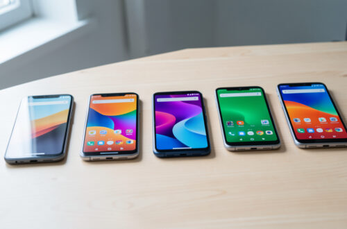 Plusieurs smartphones d’entrée de gamme alignés sur une table claire, avec des écrans allumés affichant des interfaces colorées abstraites dans une ambiance de comparatif high-tech.