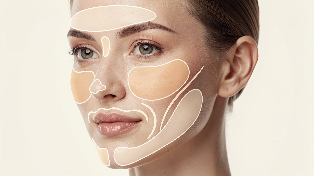 Illustration médicale sobre d’un visage féminin montrant les principales zones du visage évaluées avant un traitement esthétique à l’acide hyaluronique et à la toxine botulique.